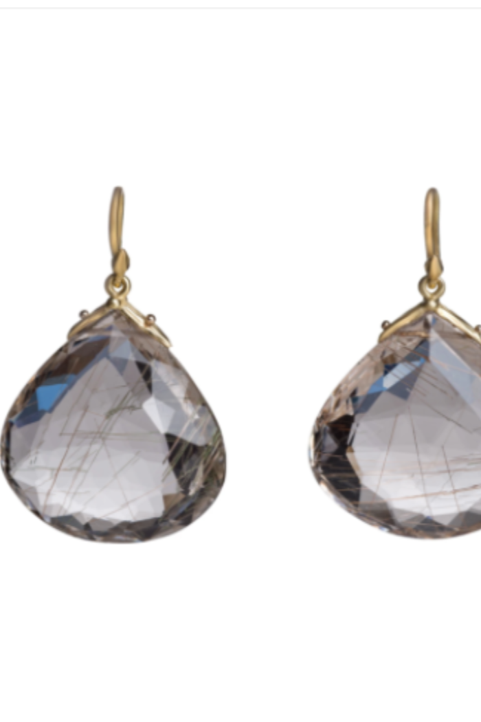 65 Carat Faceted Rutilated Quartz Teardrop 22x24x10mm 18k Earrings | Gabrielle Sanchez