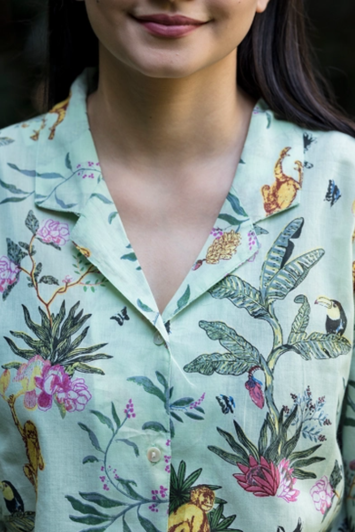 Ubud Wave Light Green Monkey Shorts & Top PJ Set
