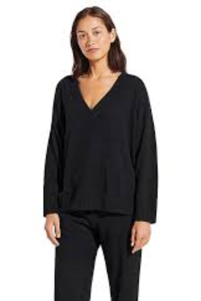 Eberjey Recycled Boucle V Neck Sweater Black - front