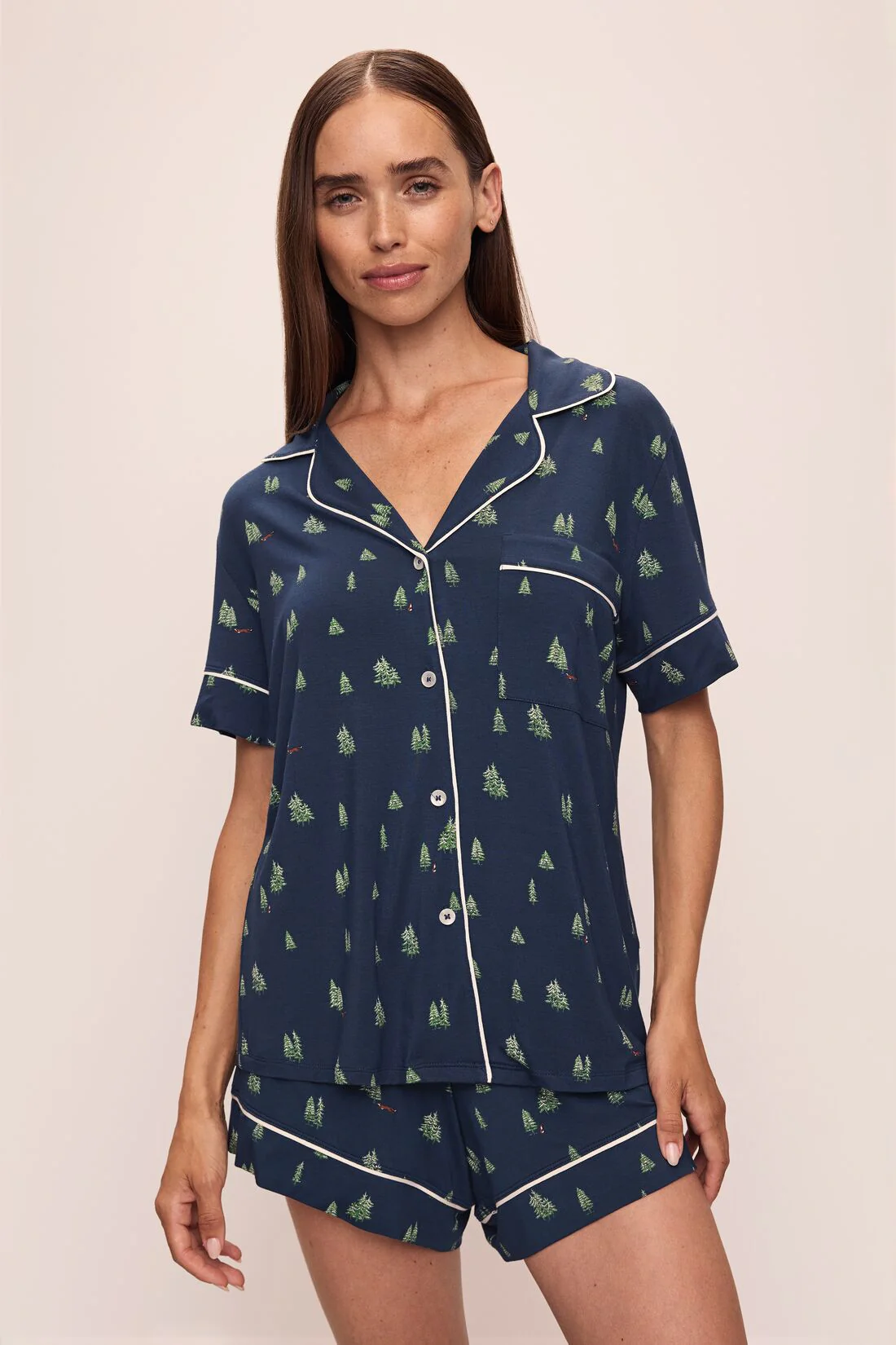 Eberjey Gisele Relaxed Short PJ Set — Woodland Pine Navy/Ivory