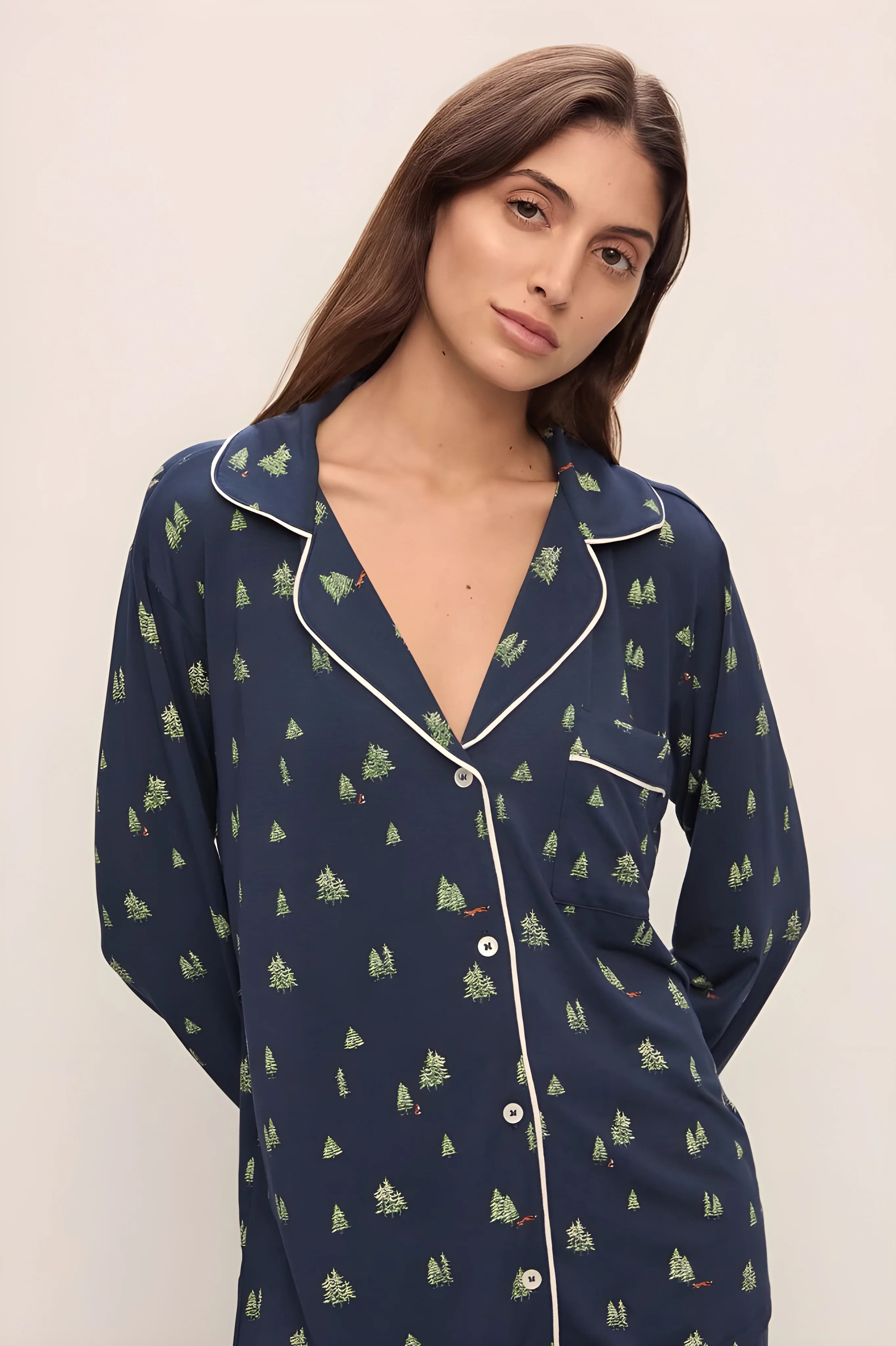 Eberjey Gisele Long PJ Set — Woodland Pine Navy/Ivory