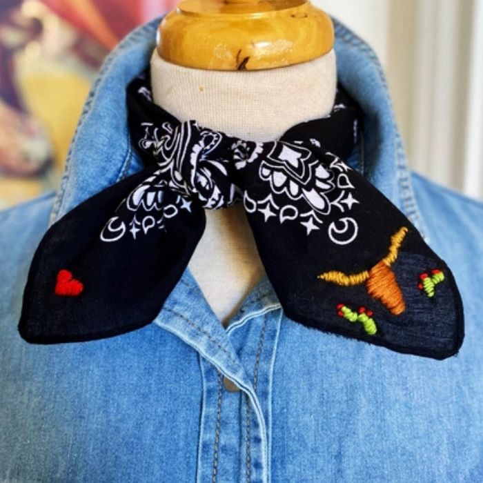 Embroidered Cattle Call Bandana Black