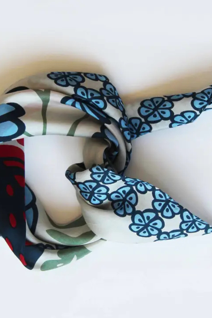 100% Silk Square Scarf/Mini Alice/Bleu, Bleu