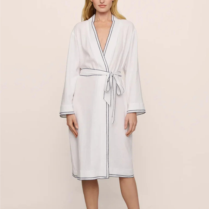 Linen Blend Long Sleeve Robe White/ Navy Trim