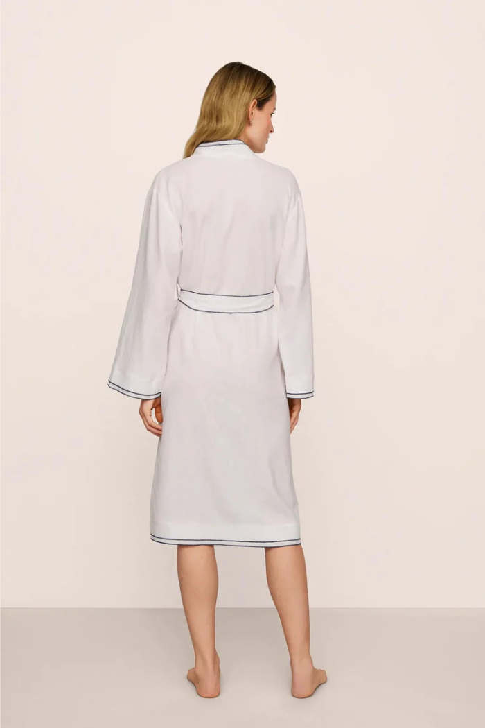 Linen Blend Long Sleeve Robe White/ Navy Trim | Eberjey