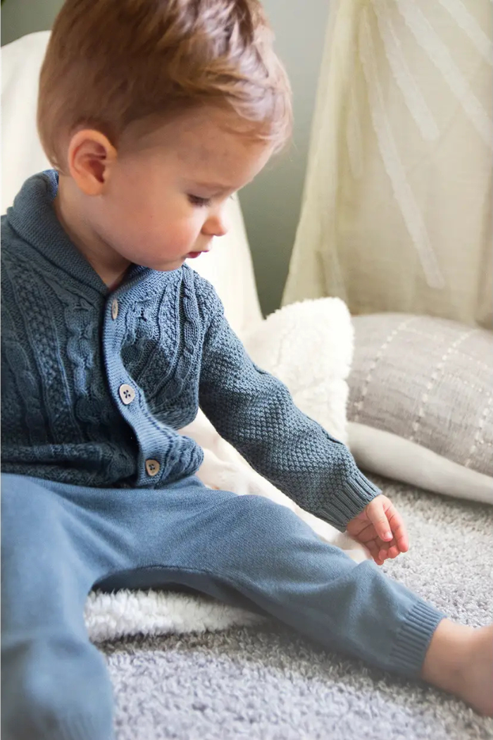 Shawl Collar Cable Knit Baby Cardigan Sweater / Pant Set (Organic)