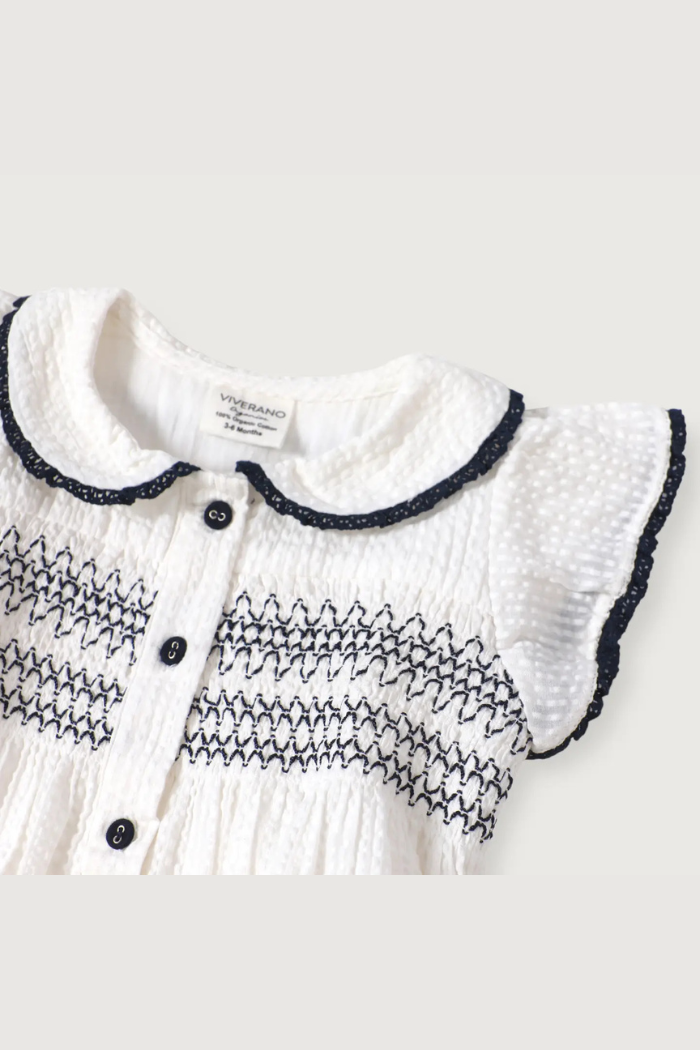 Organic Cotton Celine White Seersucker Smocked Baby Dress + Bloomer Organic Set