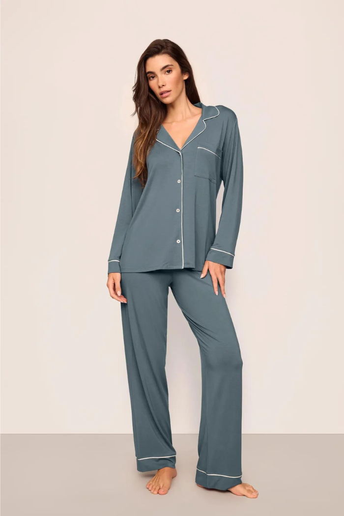 Eberjey Gisele Long PJ Set — Stone Blue/Ivory