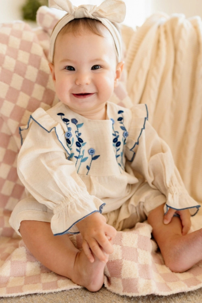 Atrani embroidered baby romper with matching headband | Viverano Organics