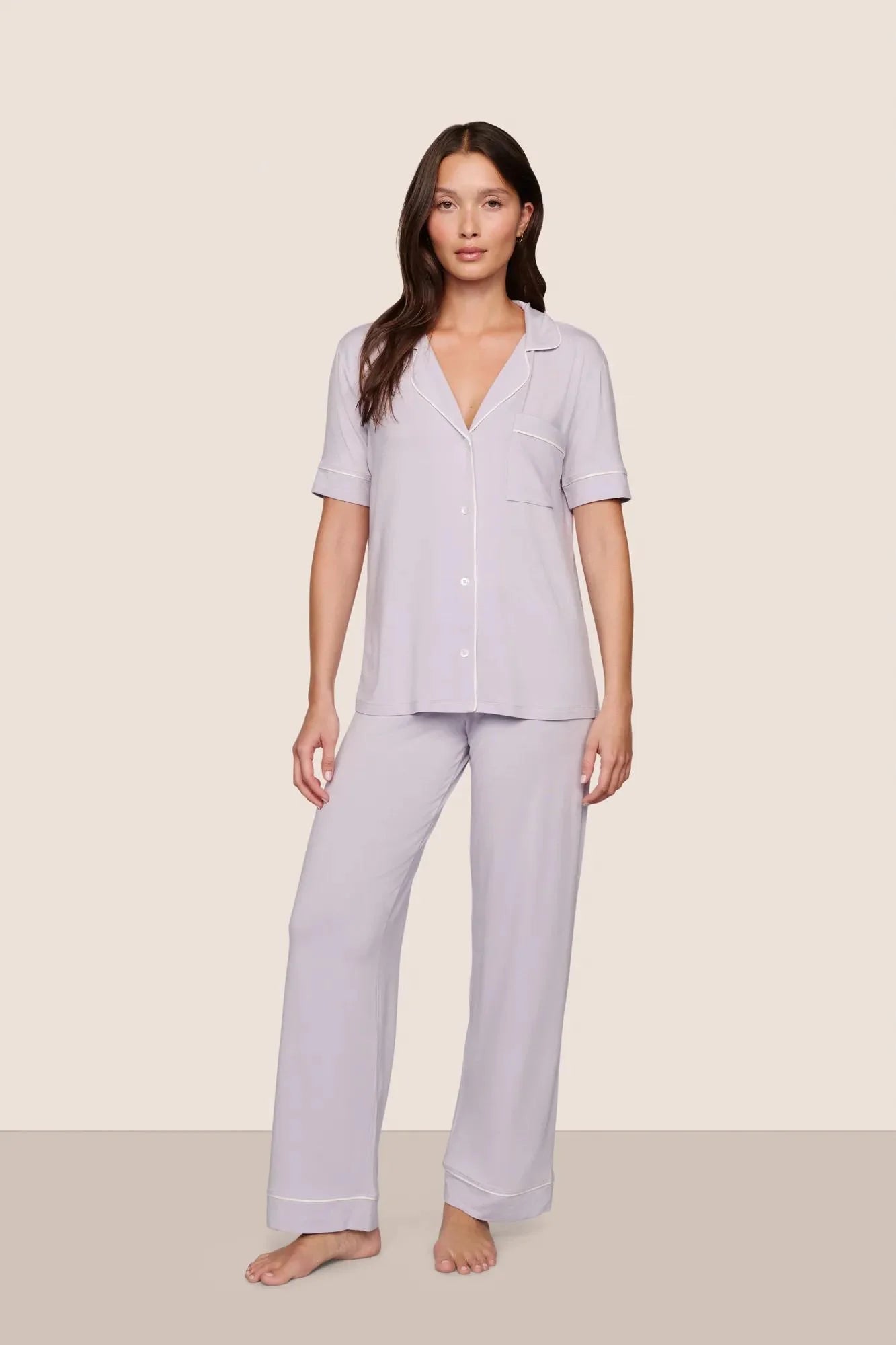 Eberjey Gisele Short Sleeve & Pant PJ Set — Purple Thistle/Ivory
