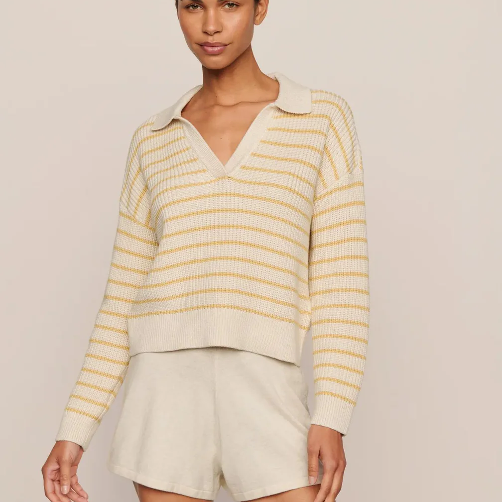 Coastal Cotton Polo Sweater & Short Set - Light Mustard & Cream