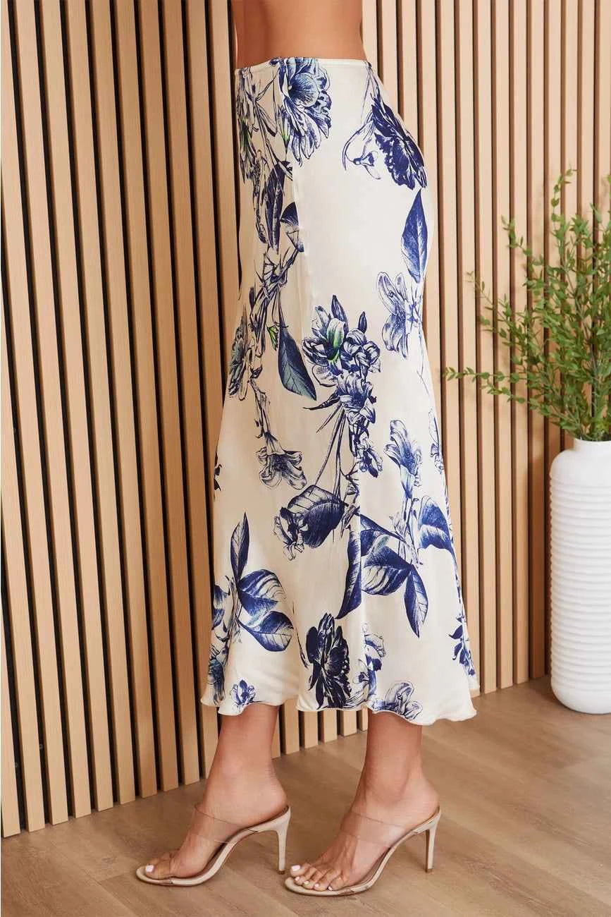 Sketch Floral Silky Midi Skirt