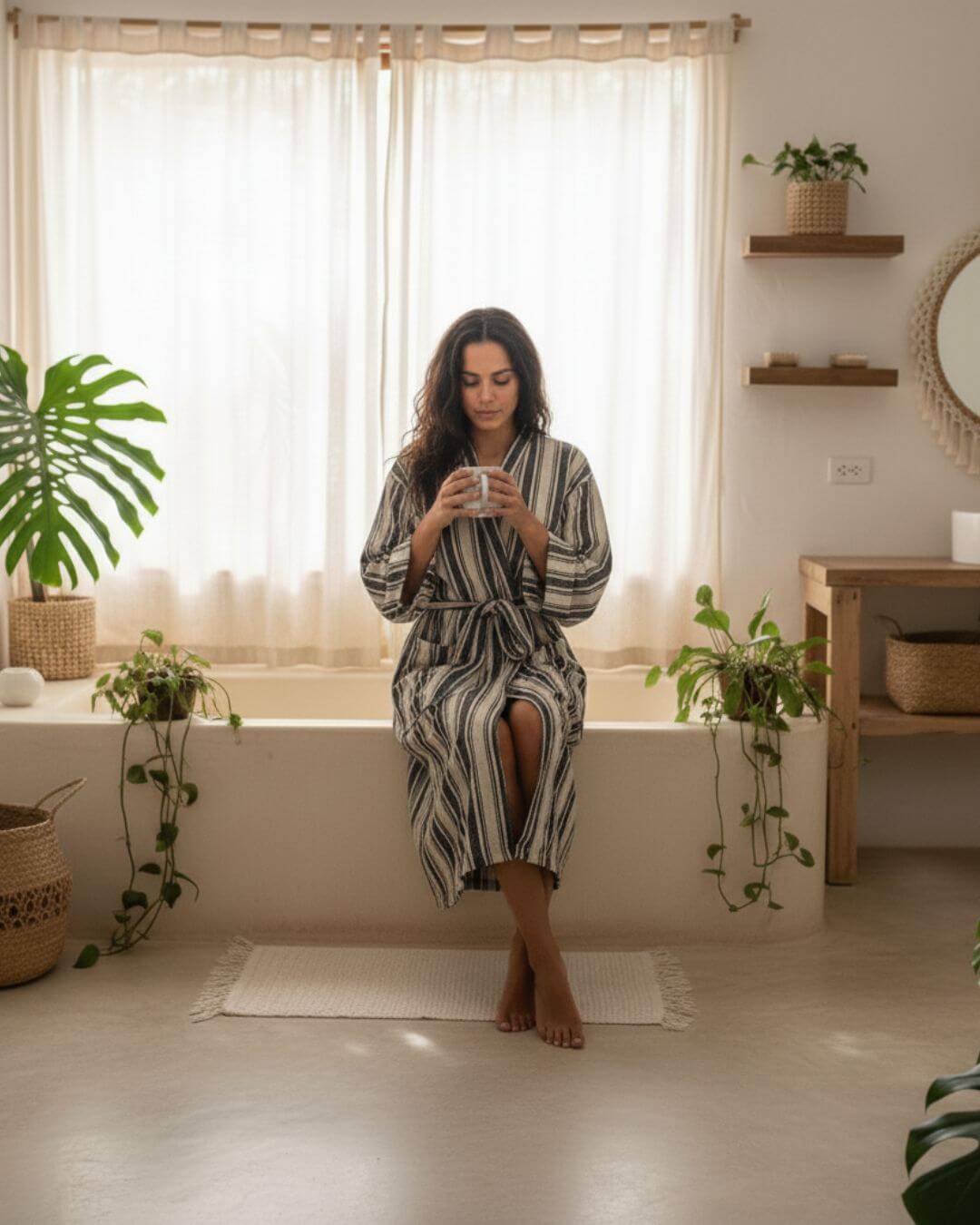 Hand-Woven Cotton-Linen Kimono Bathrobe – Lightweight Unisex Robe