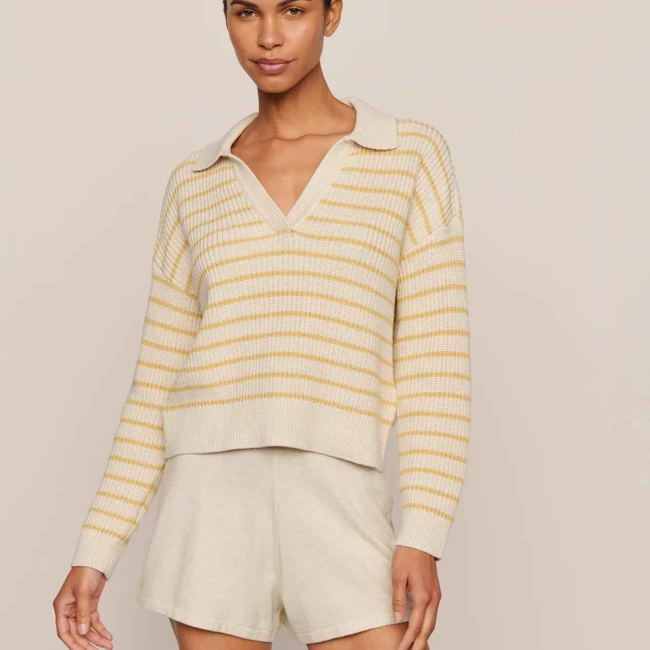 Coastal Cotton Polo Stripe Sweater Short Set — Almond & Marigold | Eberjey