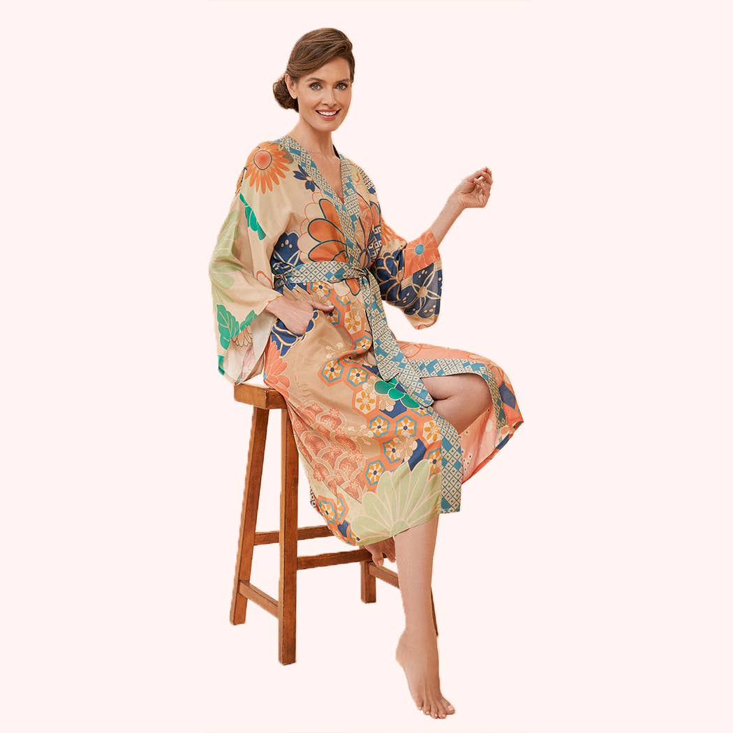 70s Kaleidoscope Floral Kimono Gown — Coconut | Powder Design