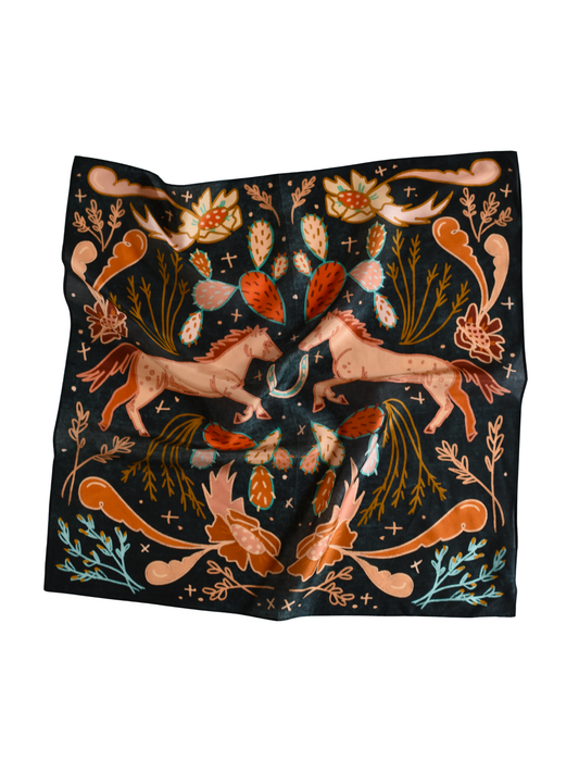 Tirzah | Wild Horse Prairies in Denim | Artisan Silk & Tencel Western Wild Rag Scarf | Tirzah