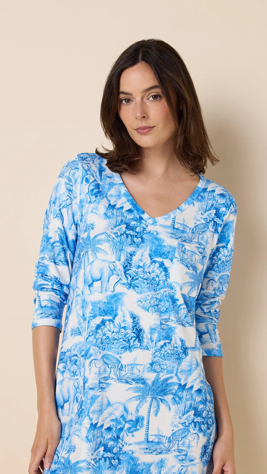 Palm Grove Toile Pima Knit Long-Sleeved Sleep Shirt | The Cat's Pajamas
