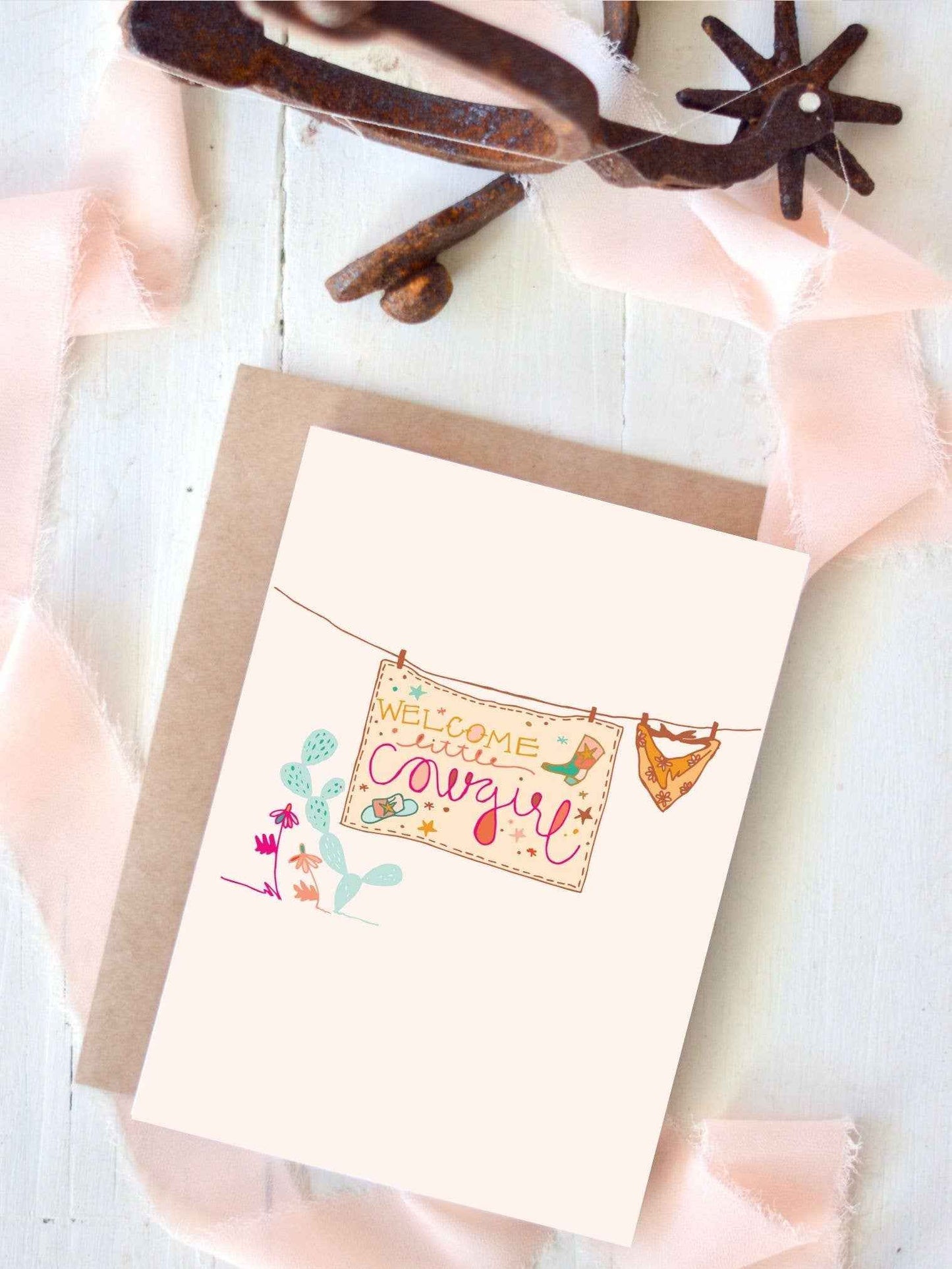Welcome baby card, western baby cowgirl, baby shower card