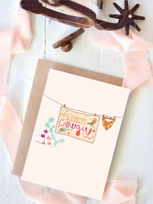 Welcome baby card, western baby cowgirl, baby shower card