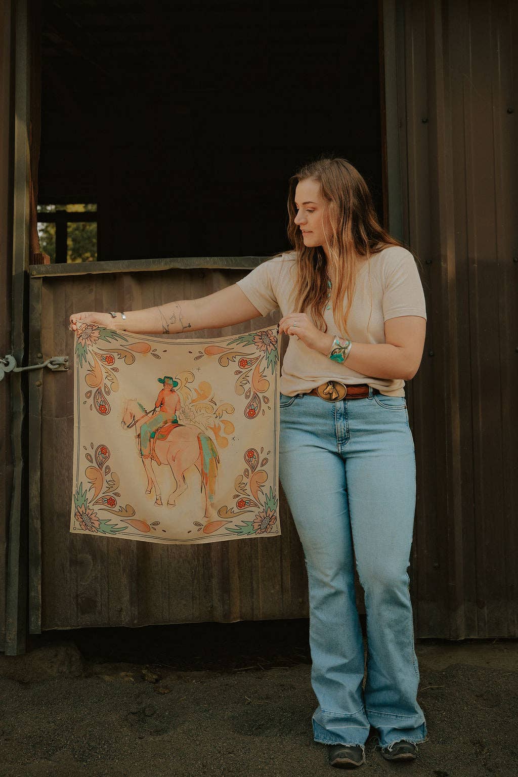 Summer Ride Western Silk Scarf | Cowgirl Wild Rag | Silk & Tencel Bandana | Tarzah