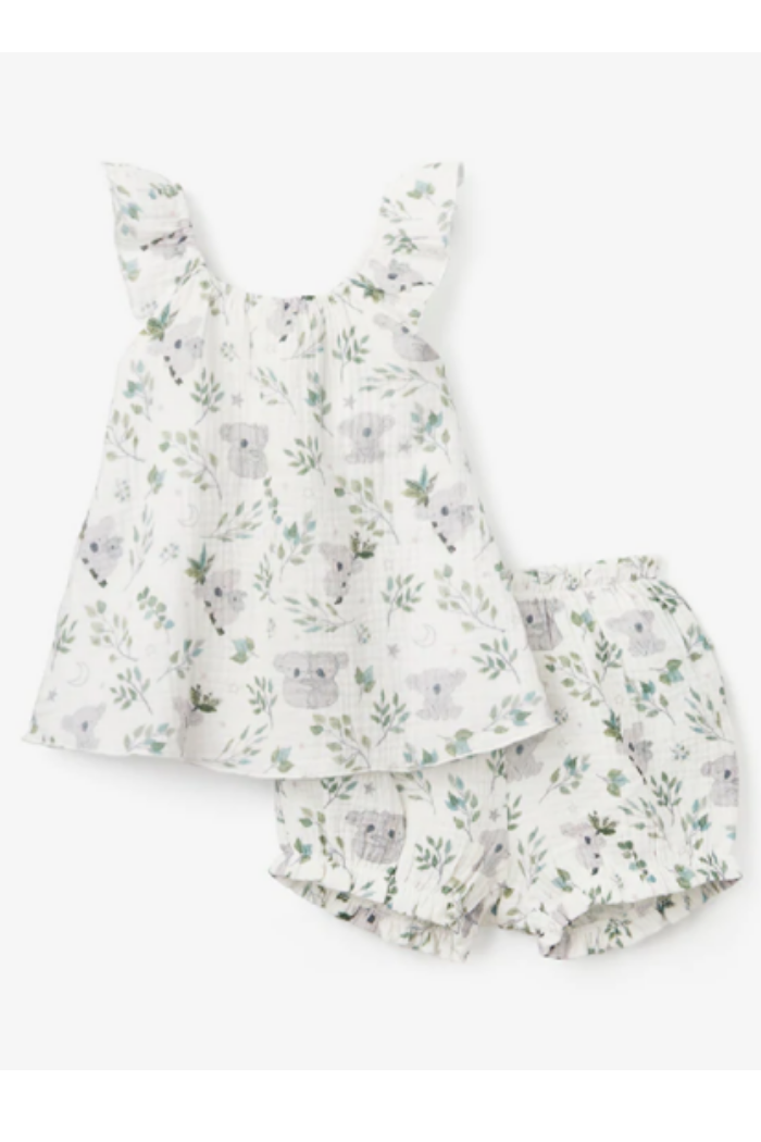 Koala Print Organic Muslin Flutter Sleeve and Bloomer Set 6–9M | Elegant Baby