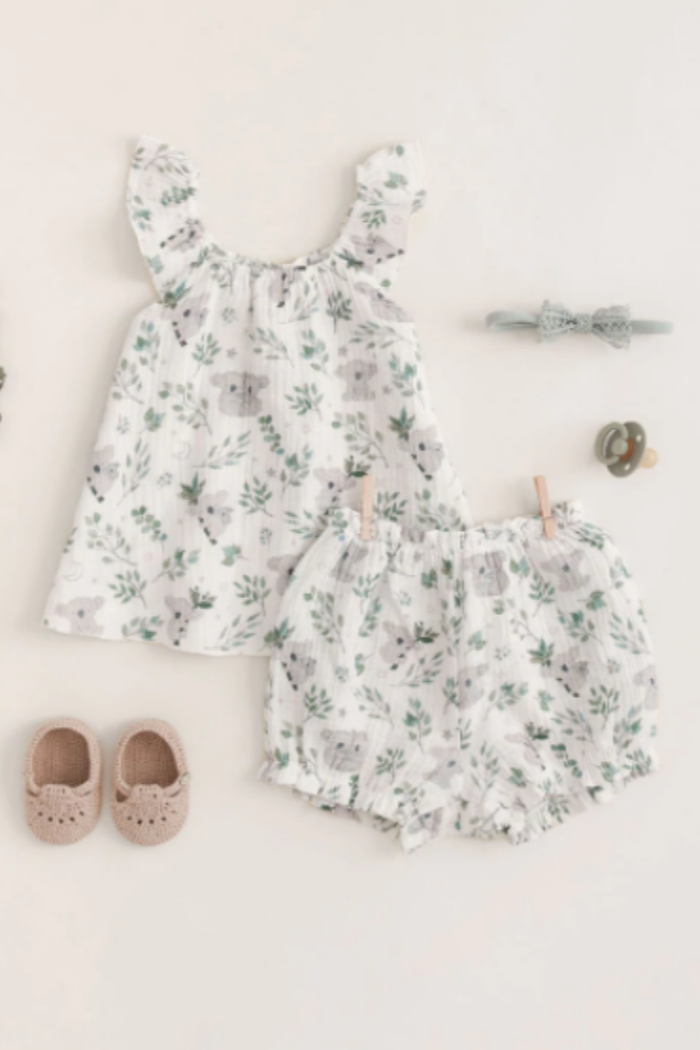 Koala Print Organic Muslin Flutter Sleeve and Bloomer Set 6–9M | Elegant Baby