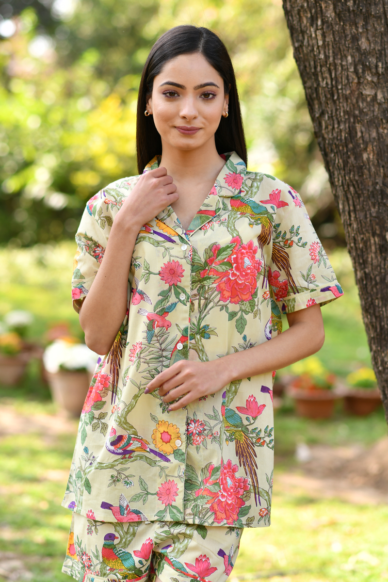 Indian Cotton Bird Lime Short Set