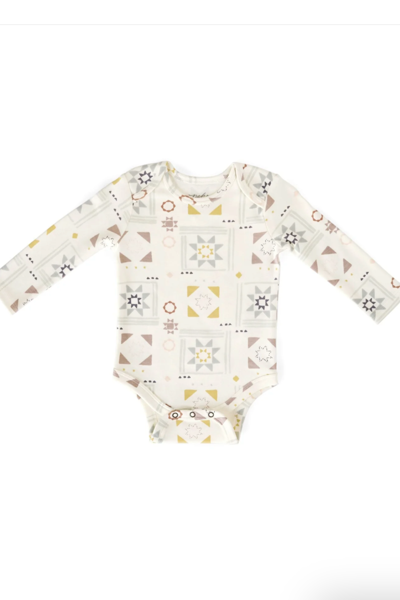 Pehr lap shoulder snap one-piece patchwork