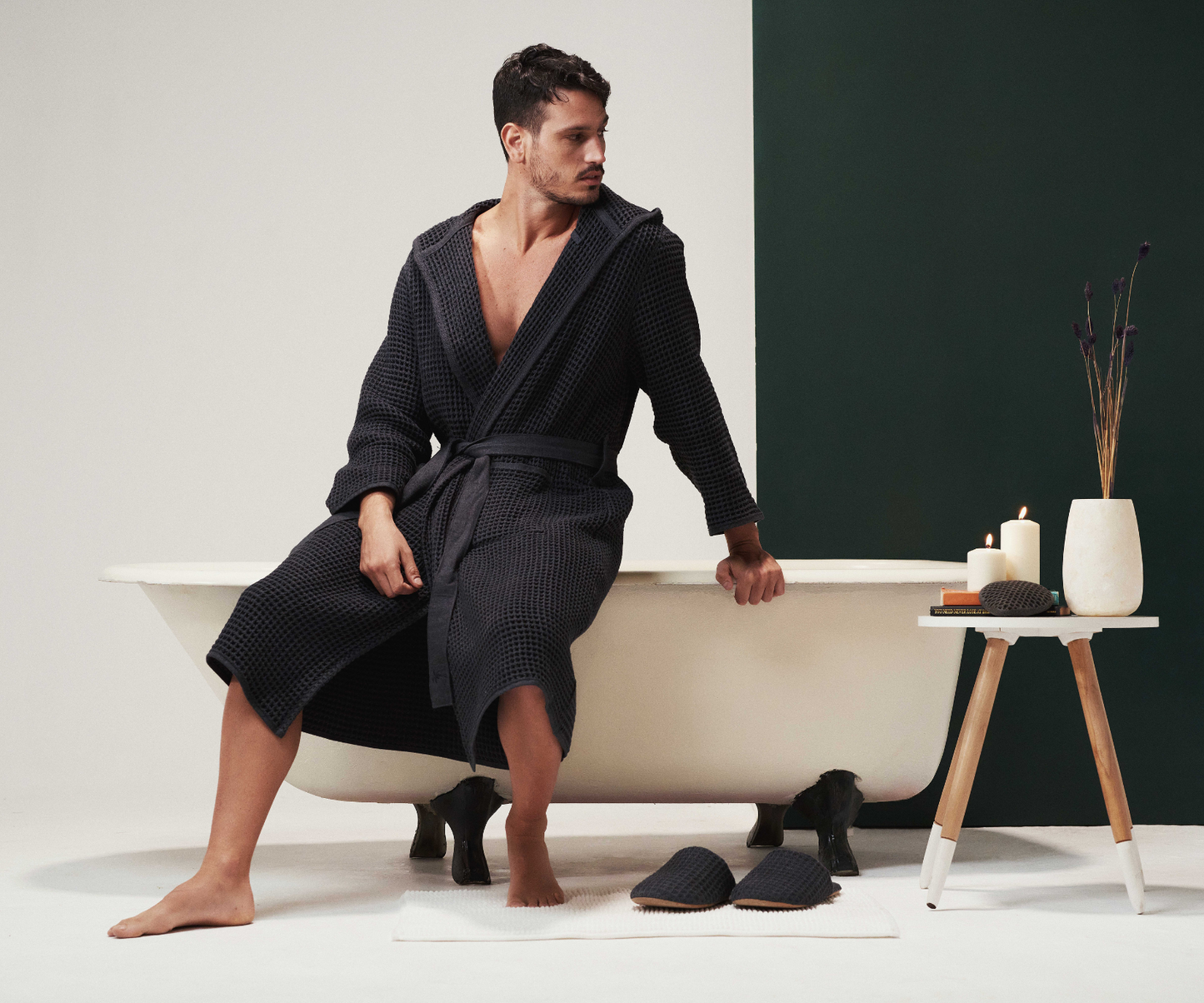 Honeycomb Cotton Bathrobe | Hooded Robe with Pockets in Charcoal