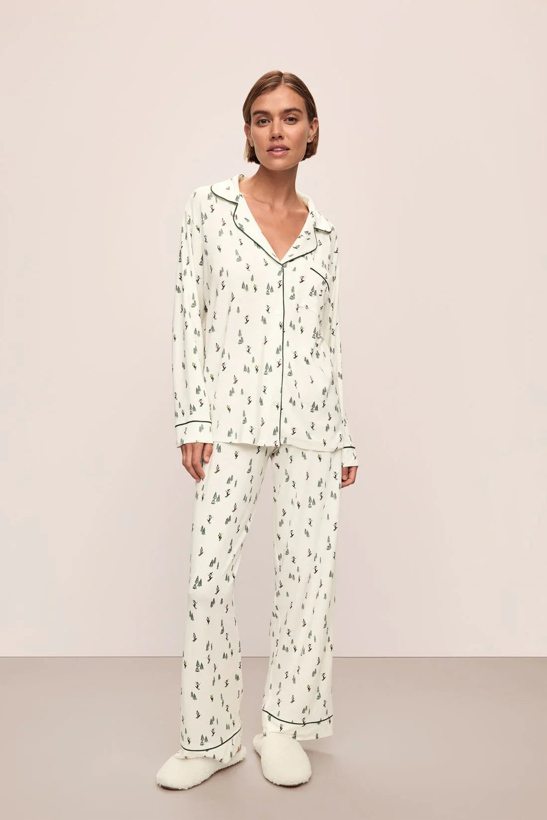 Eberjey Gisele Long PJ Set — Alpine Skier Ivory/Forest Green