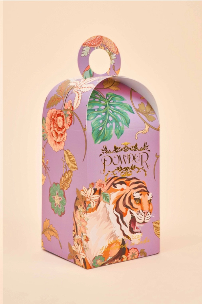 Tasselled 100% Silk Prancing Tiger Scarf - Lilac