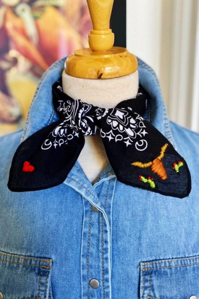 Embroidered Cattle Call Bandana Black