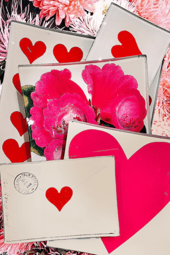 French Envelope With Heart Decoupage Glass Tray