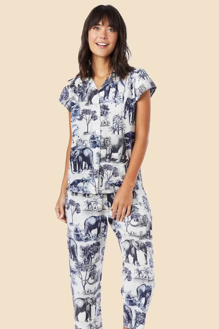 Blue Safari Toile Pima Knit Cropped Pajama Set | The Cat's Pajamas