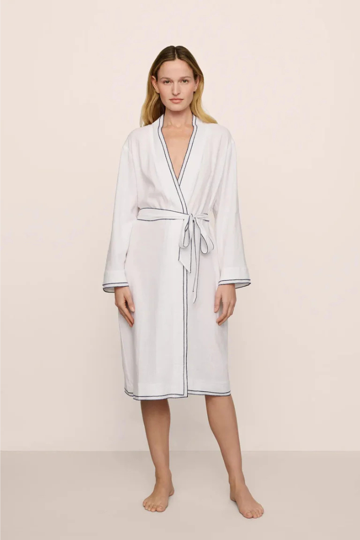 Linen Blend Long Sleeve Robe White/ Navy Trim | Eberjey