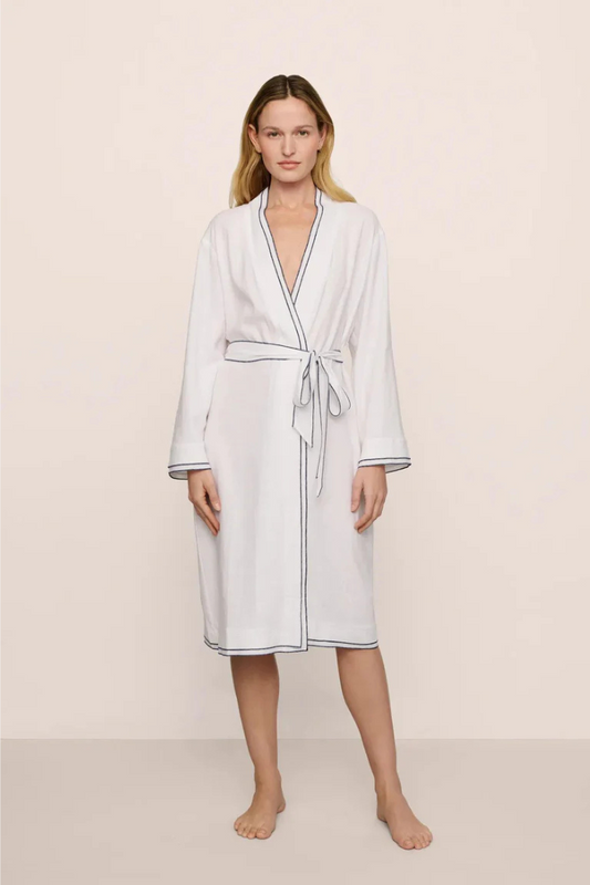 Linen Blend Long Sleeve Robe White/ Navy Trim | Eberjey
