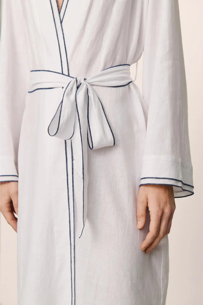 Linen Blend Long Sleeve Robe White/ Navy Trim | Eberjey