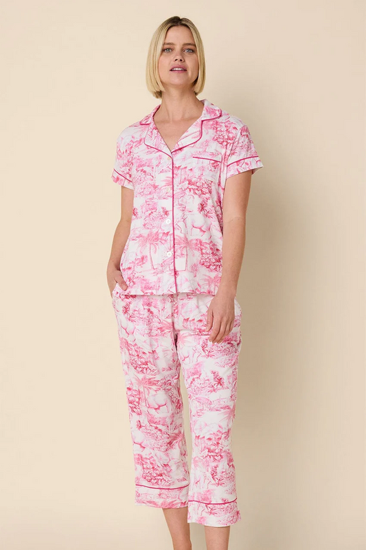 Palm Grove Toile Pima Knit Capri Pajama Set (Pink) | The Cat's Pajamas