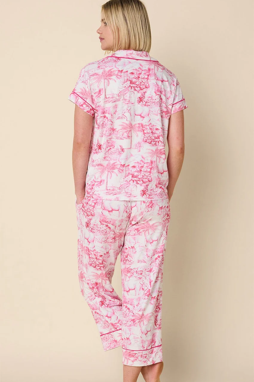 Palm Grove Toile Pima Knit Capri Pajama Set (Pink) | The Cat's Pajamas