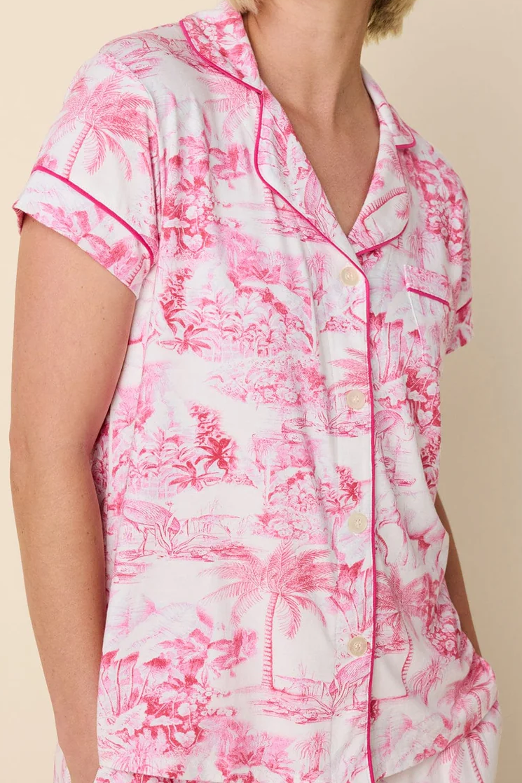 Palm Grove Toile Pima Knit Capri Pajama Set (Pink) | The Cat's Pajamas