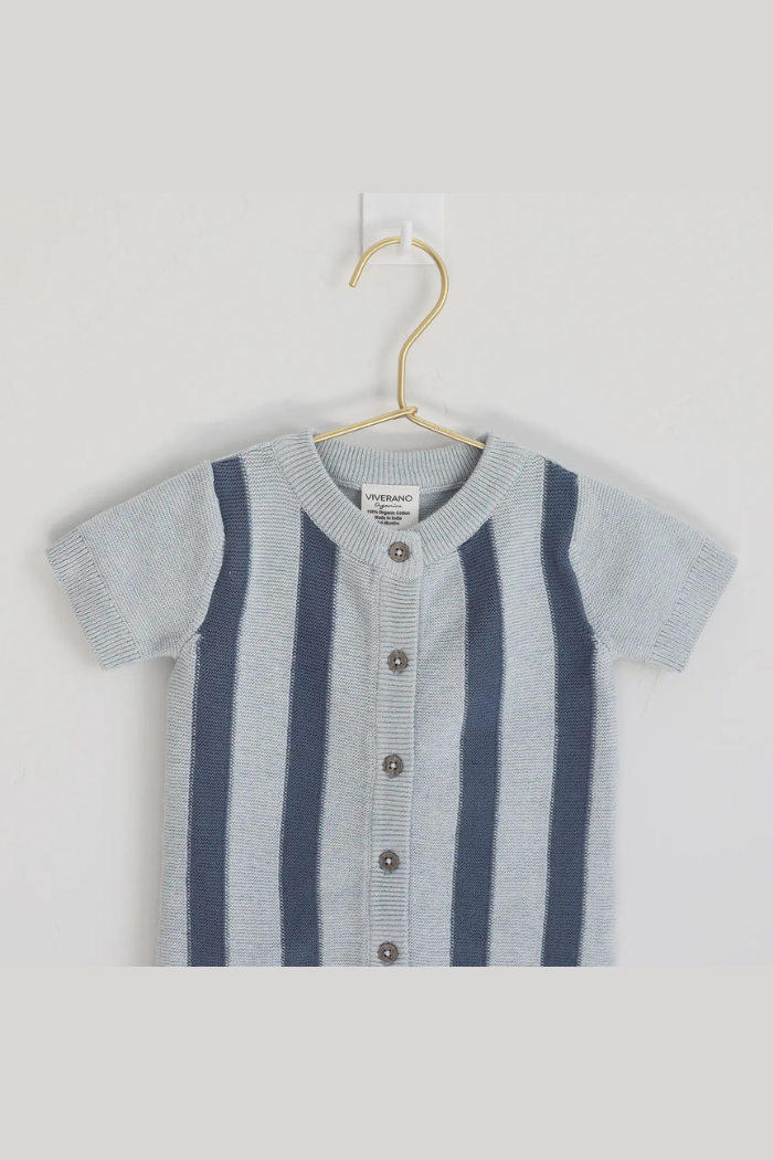 Stripe Knit Classic Button Baby Romper (Organic Cotton) | Viverano Organics