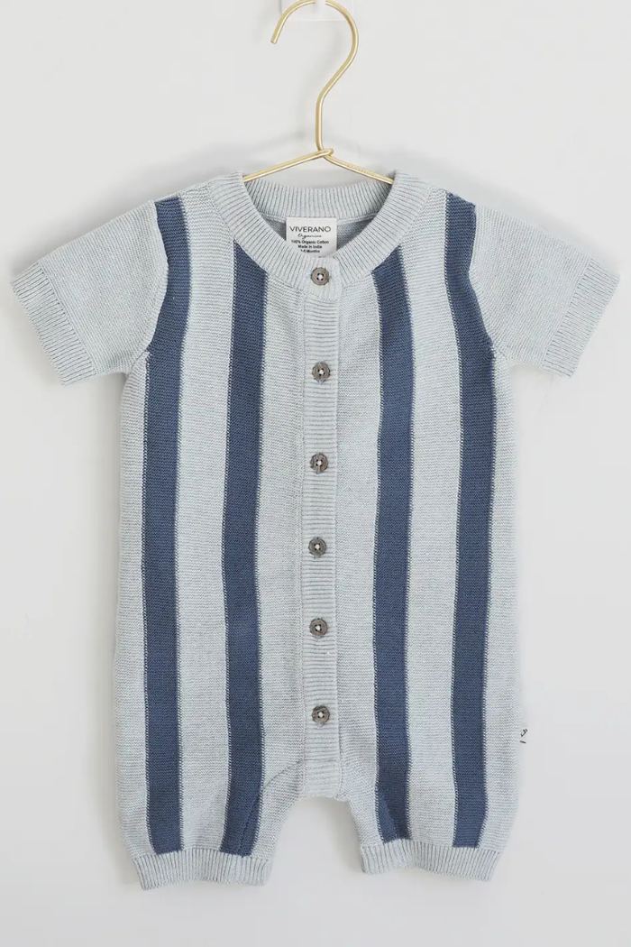 Stripe Knit Classic Button Baby Romper (Organic Cotton) | Viverano Organics