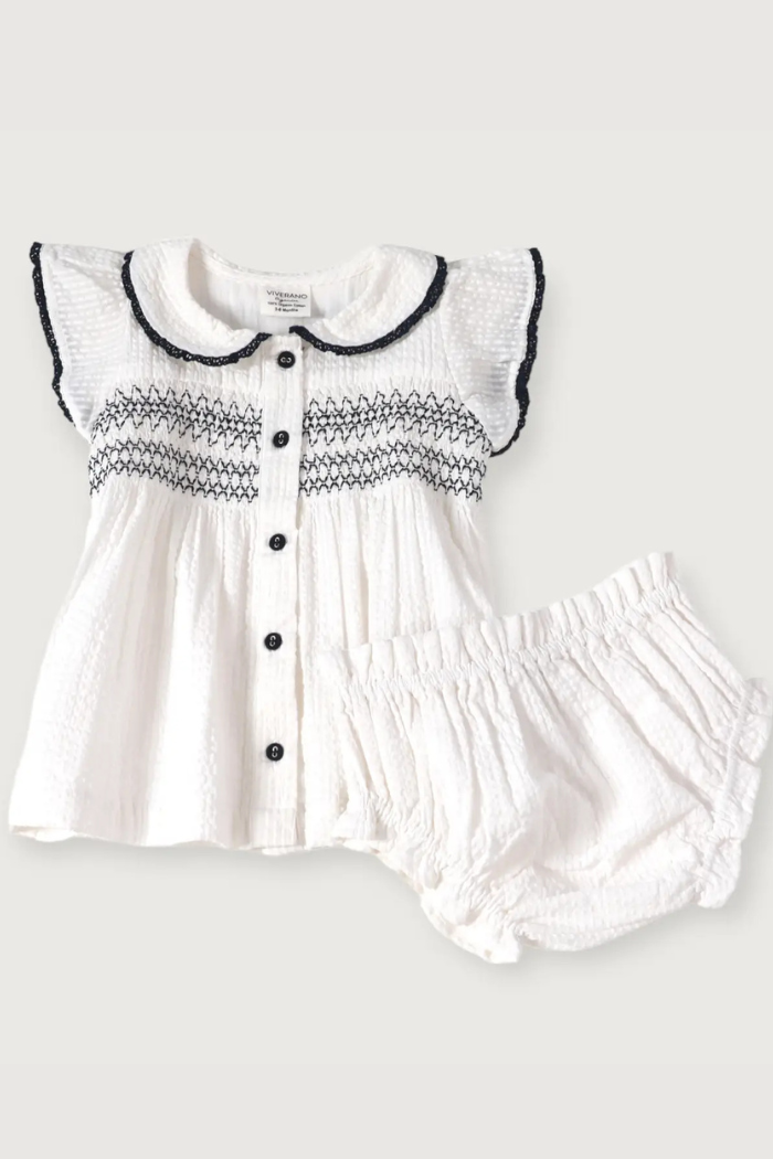 Organic Cotton Celine White Seersucker Smocked Baby Dress + Bloomer Organic Set
