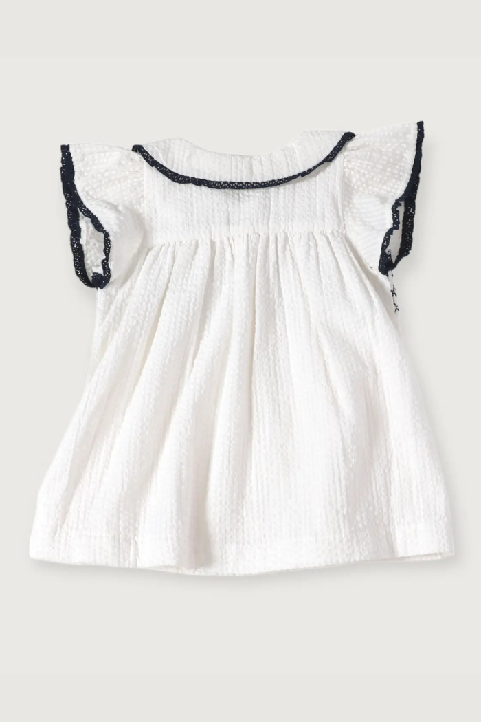 Organic Cotton Celine White Seersucker Smocked Baby Dress + Bloomer Organic Set