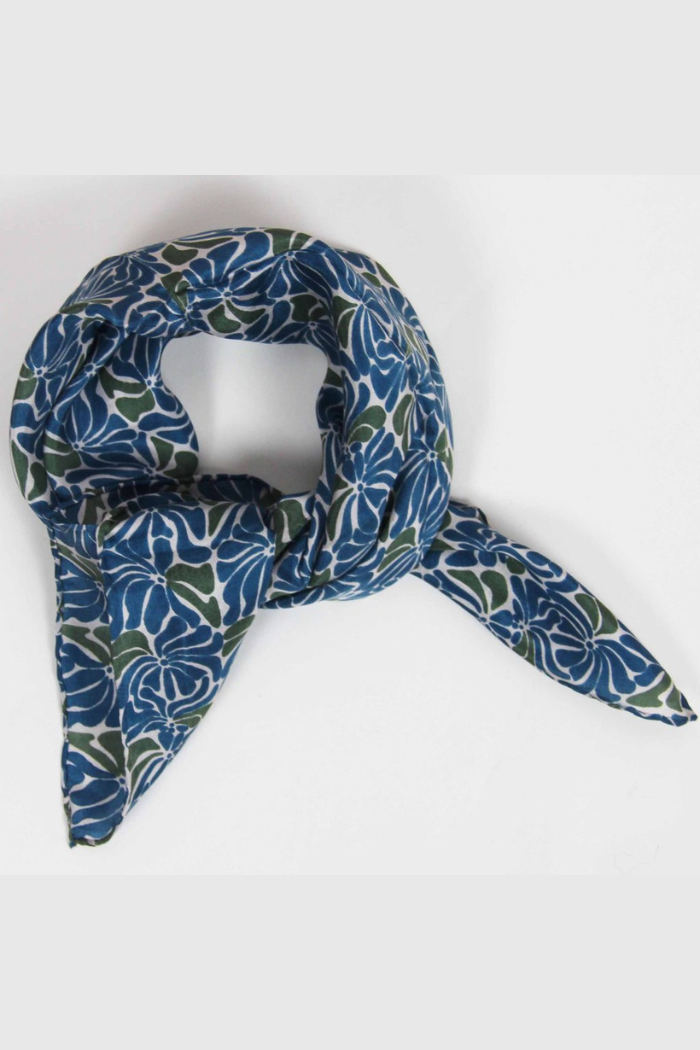 Plumeria Marine Navy Mini Silk Scarf | Les Belles Vagabondes