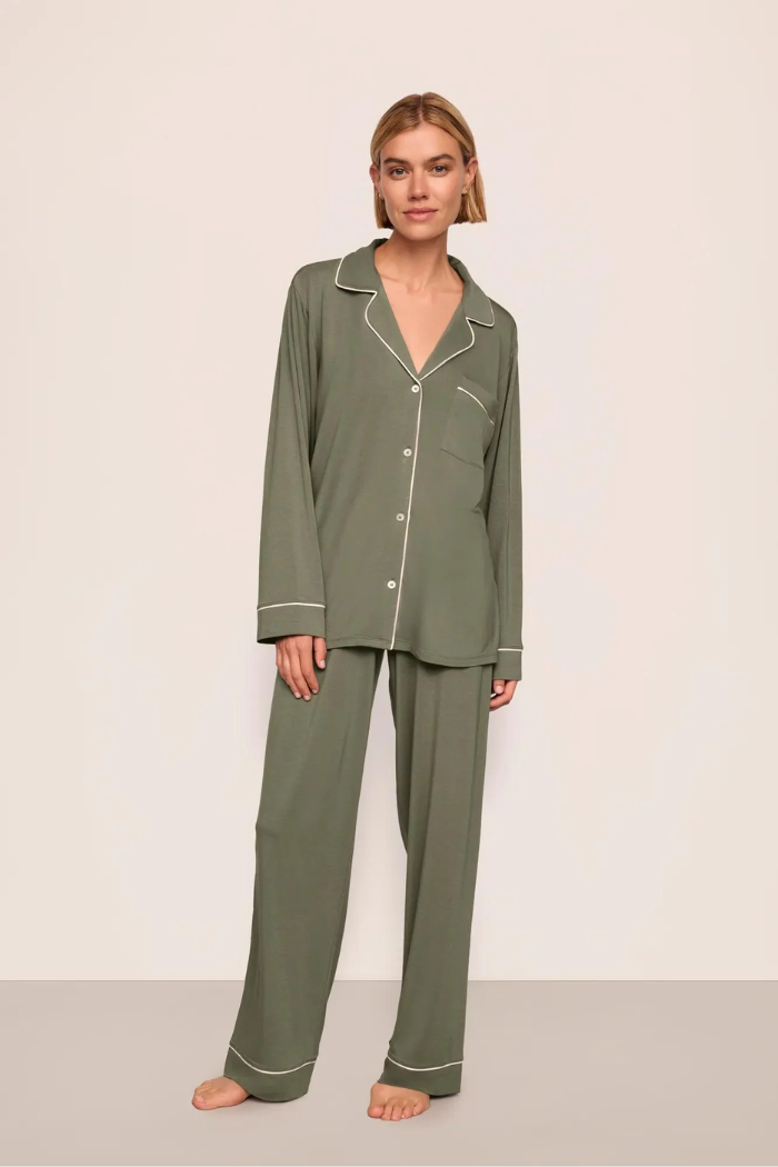 Eberjey Gisele TENCEL Modal Long PJ Set Smokey Olive Ivory - front