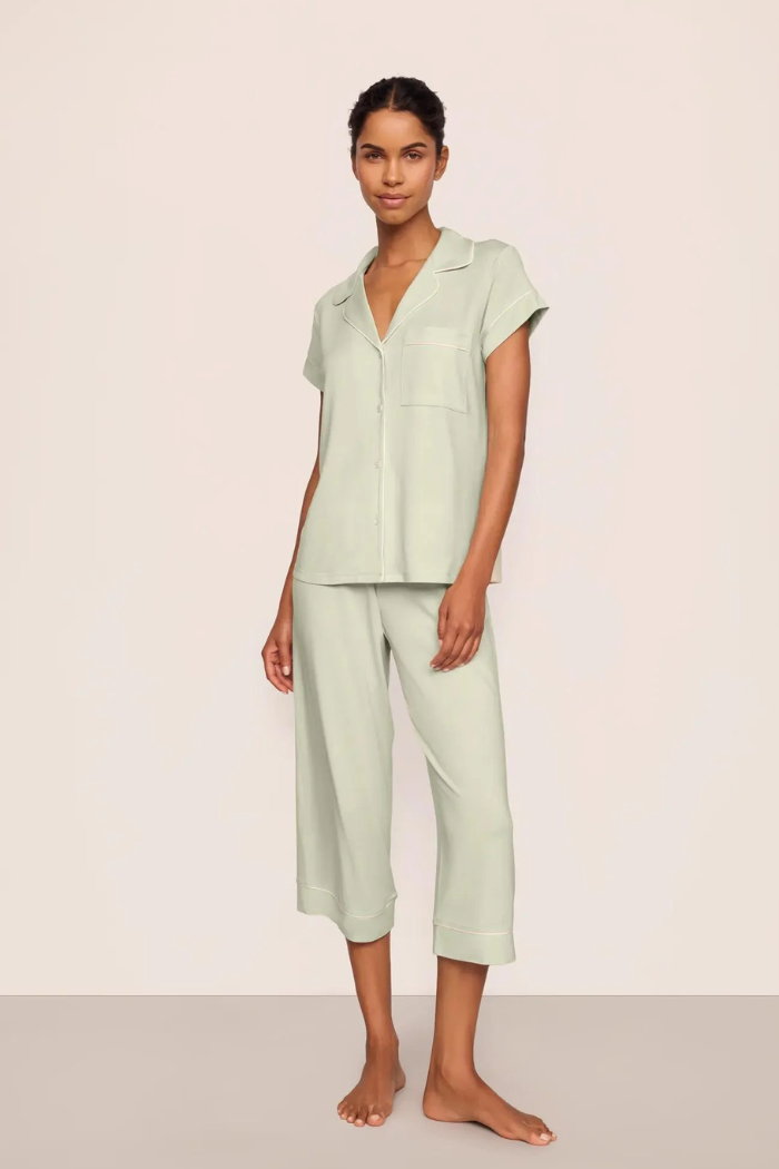 Eberjey Gisele Short Sleeve Cropped PJ Set Mint Cream Ivory - front