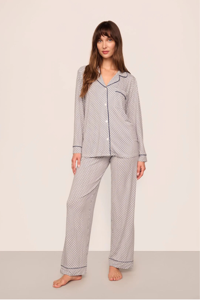 Eberjey Gisele Long PJ Set — Blue Geo Sphere Gray Dawn/Navy