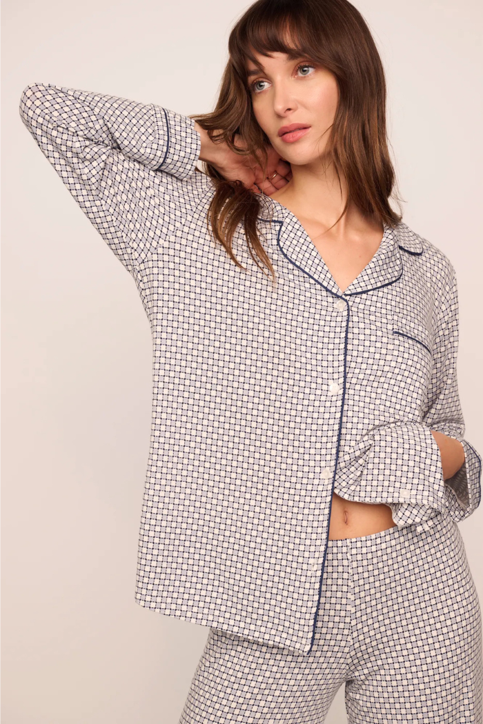 Eberjey Gisele Long PJ Set — Blue Geo Sphere detail