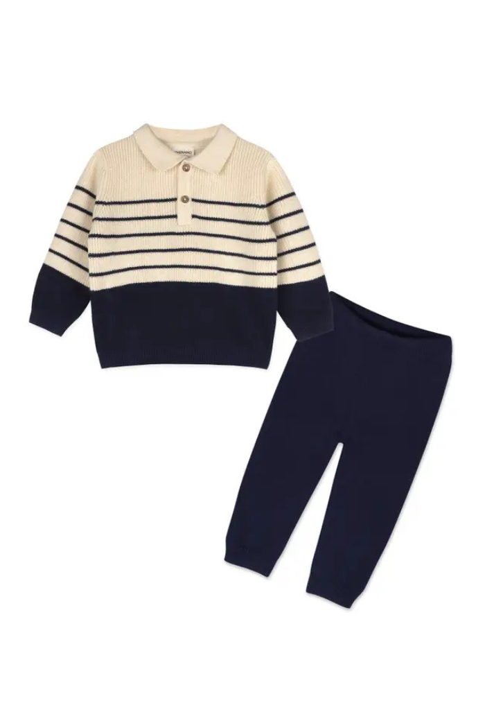 Organic Cotton Classic Stripe Polo Sweater Knit Baby Pullover & Pant Set